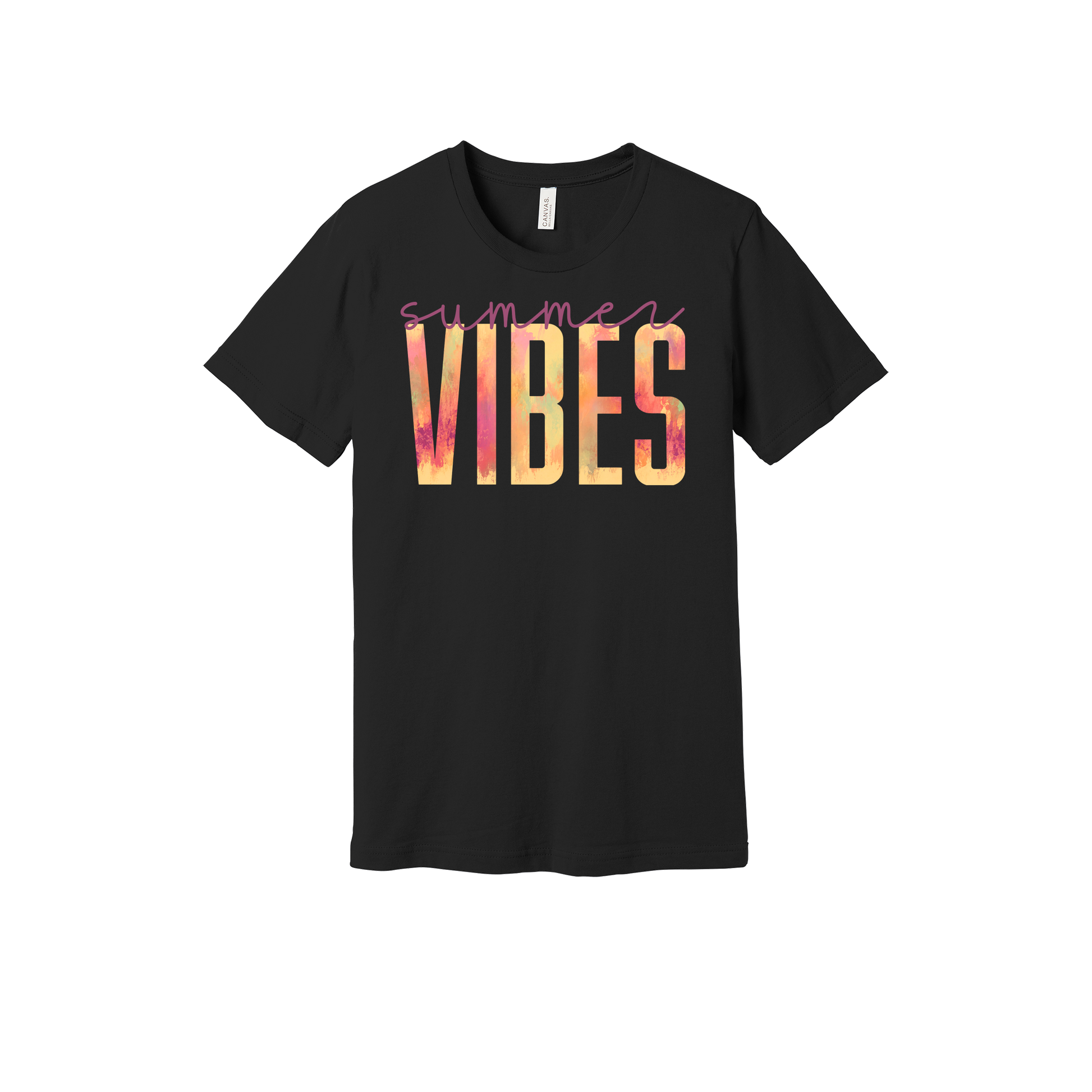 Colorful Summer Vibes watercolor-style lettering on a Black adult T-shirt.