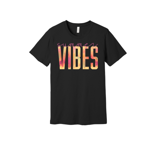 Colorful Summer Vibes watercolor-style lettering on a Black adult T-shirt.