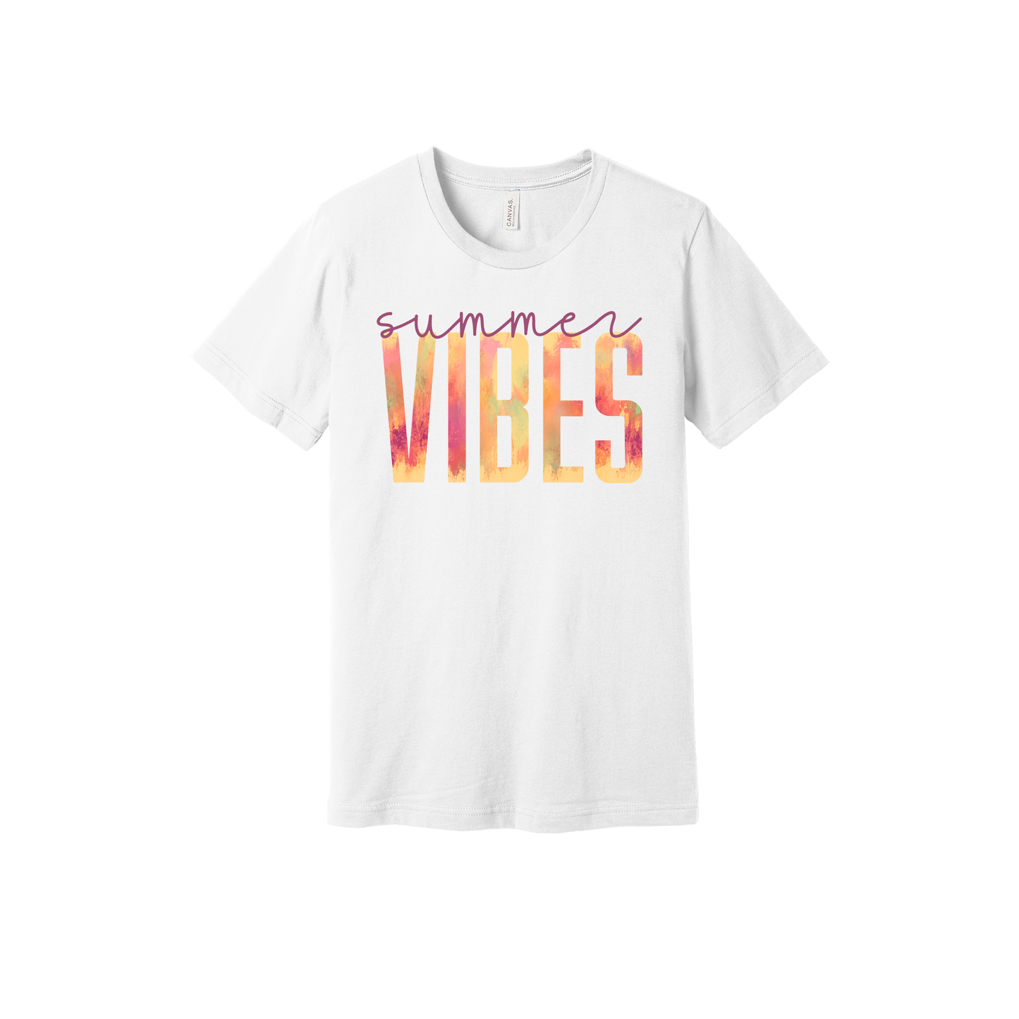 Colorful Summer Vibes watercolor-style lettering on a White adult T-shirt.