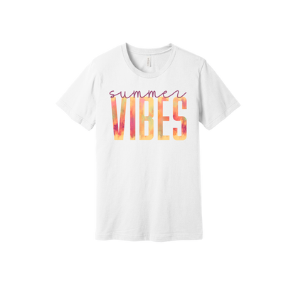 Colorful Summer Vibes watercolor-style lettering on a White adult T-shirt.