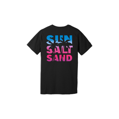 Sun, Salt, Sand Design 1 Black T-shirt back view.