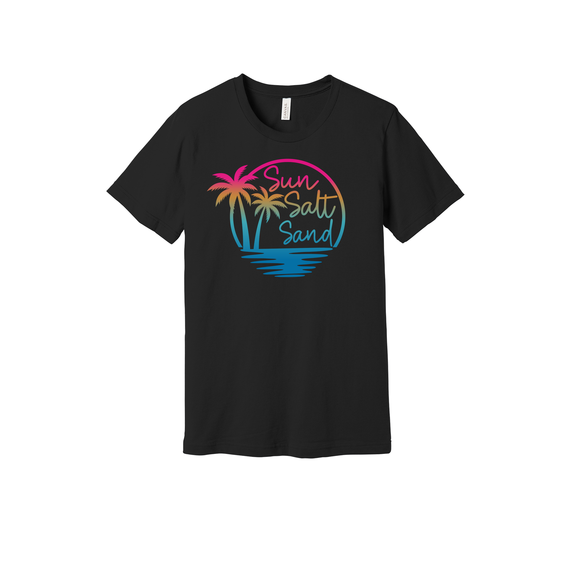 Colorful Sun Salt Sand palm tree and water reflection design on a Black adult T-shirt.
