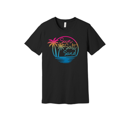 Colorful Sun Salt Sand palm tree and water reflection design on a Black adult T-shirt.