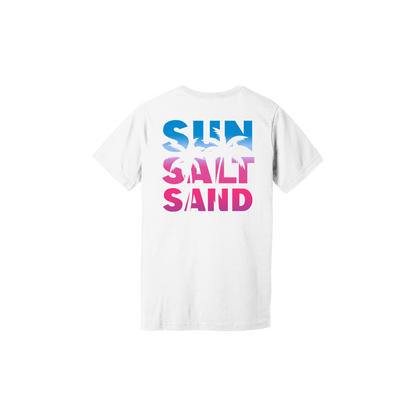 Sun, Salt, Sand Design 1 White T-shirt back view.