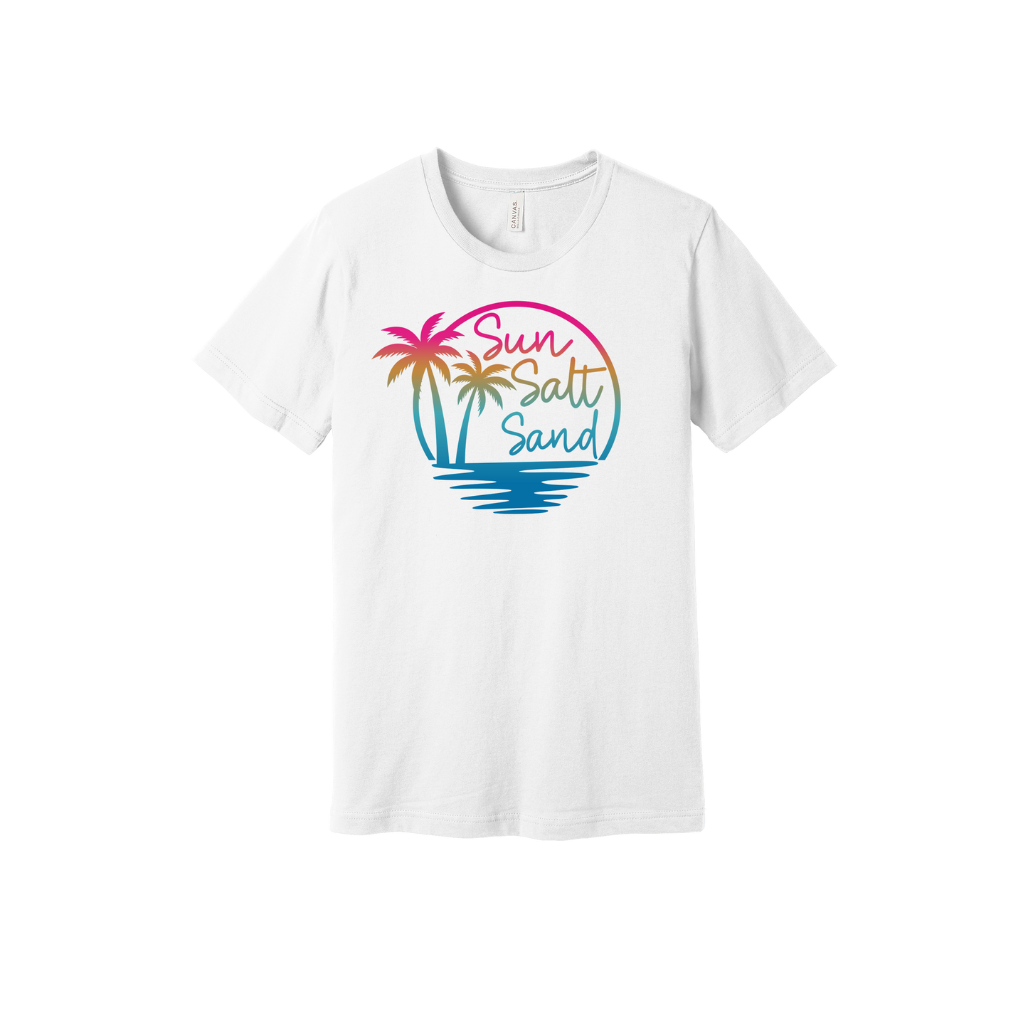 Colorful Sun Salt Sand palm tree and water reflection design on a White adult T-shirt.