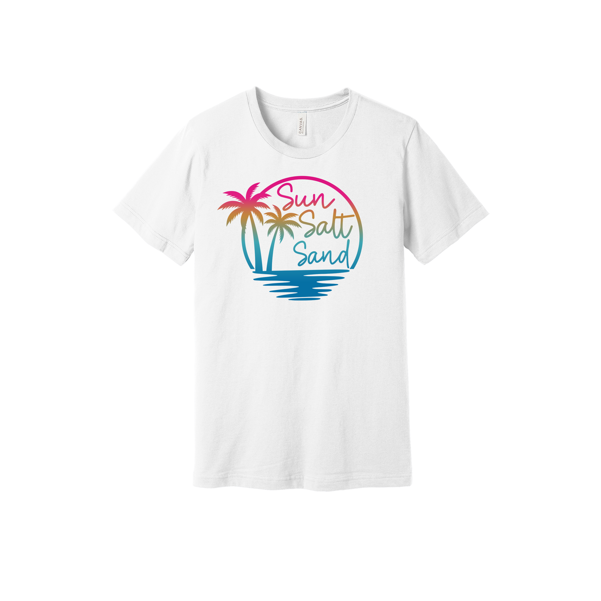 Colorful Sun Salt Sand palm tree and water reflection design on a White adult T-shirt.