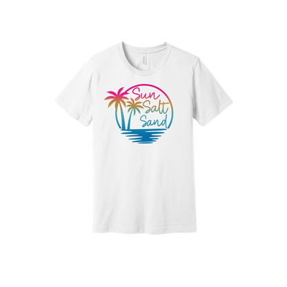 Colorful Sun Salt Sand palm tree and water reflection design on a White adult T-shirt.