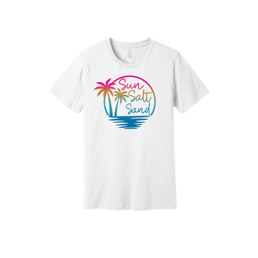 Colorful Sun Salt Sand palm tree and water reflection design on a White adult T-shirt.