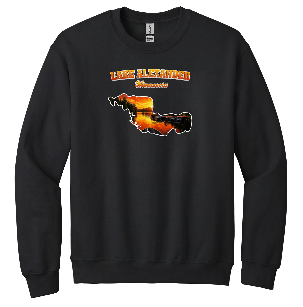 Lake Alexander design on Black crewneck sweatshirt