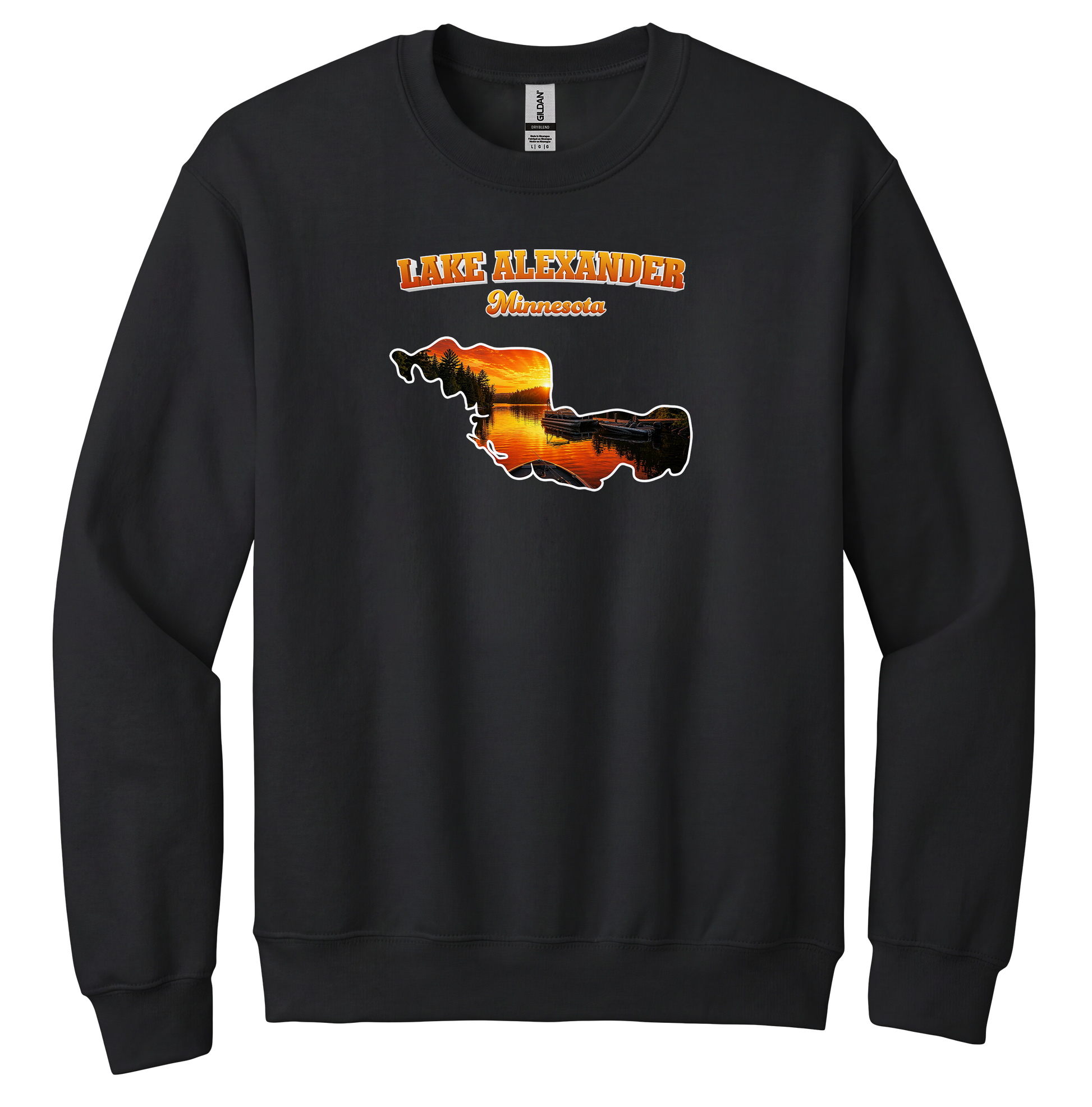 Lake Alexander design on Black crewneck sweatshirt