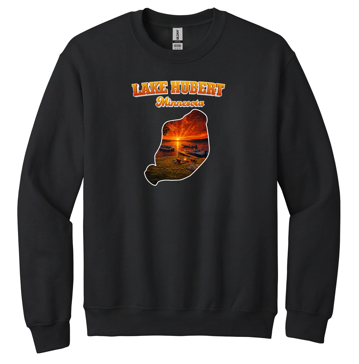 Lake Hubert design on Black crewneck sweatshirt