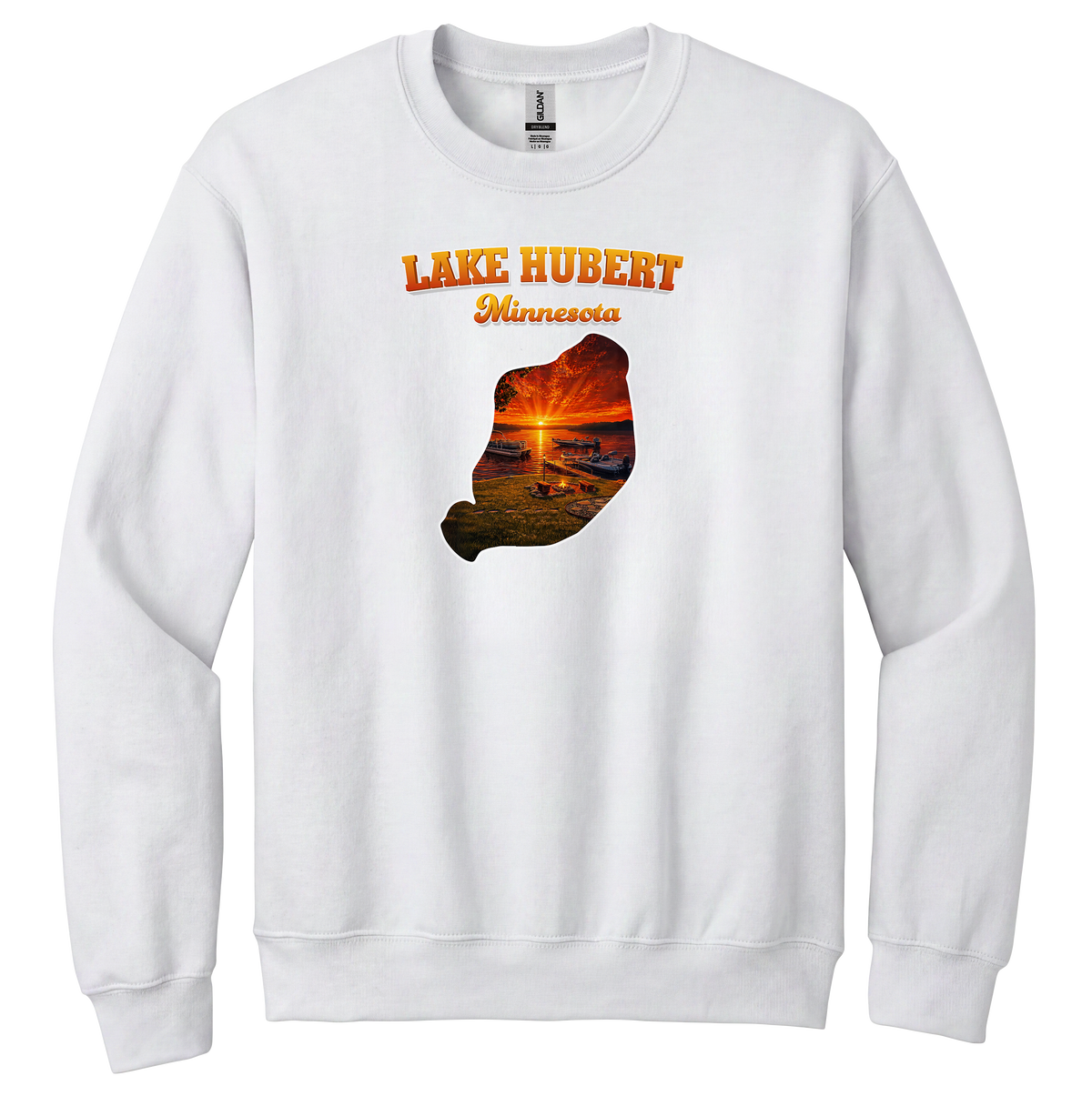 Lake Hubert design on White crewneck sweatshirt