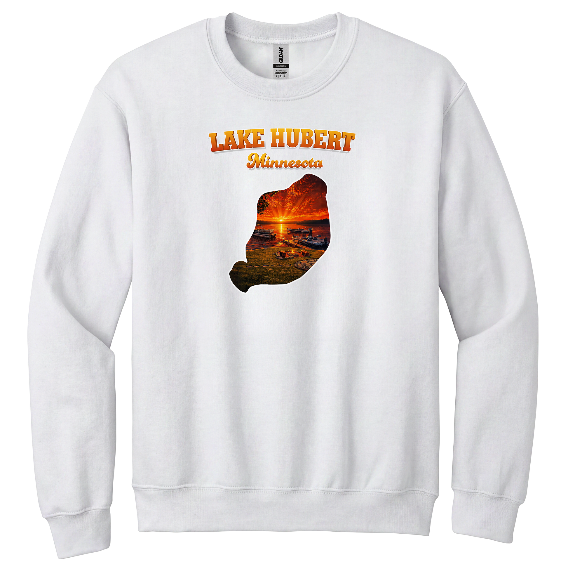 Lake Hubert design on White crewneck sweatshirt