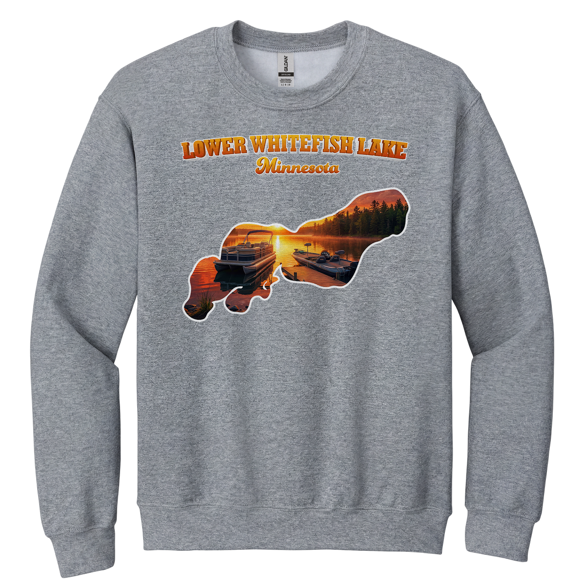 Lower White Fish Lake design on Heather Grey crewneck sweatshirt