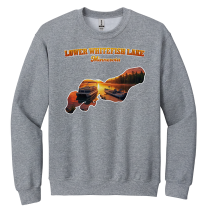Lower White Fish Lake design on Heather Grey crewneck sweatshirt