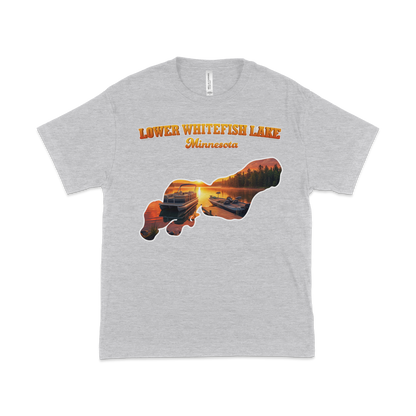 Lower White Fish Lake design on Heather Grey T-shirt