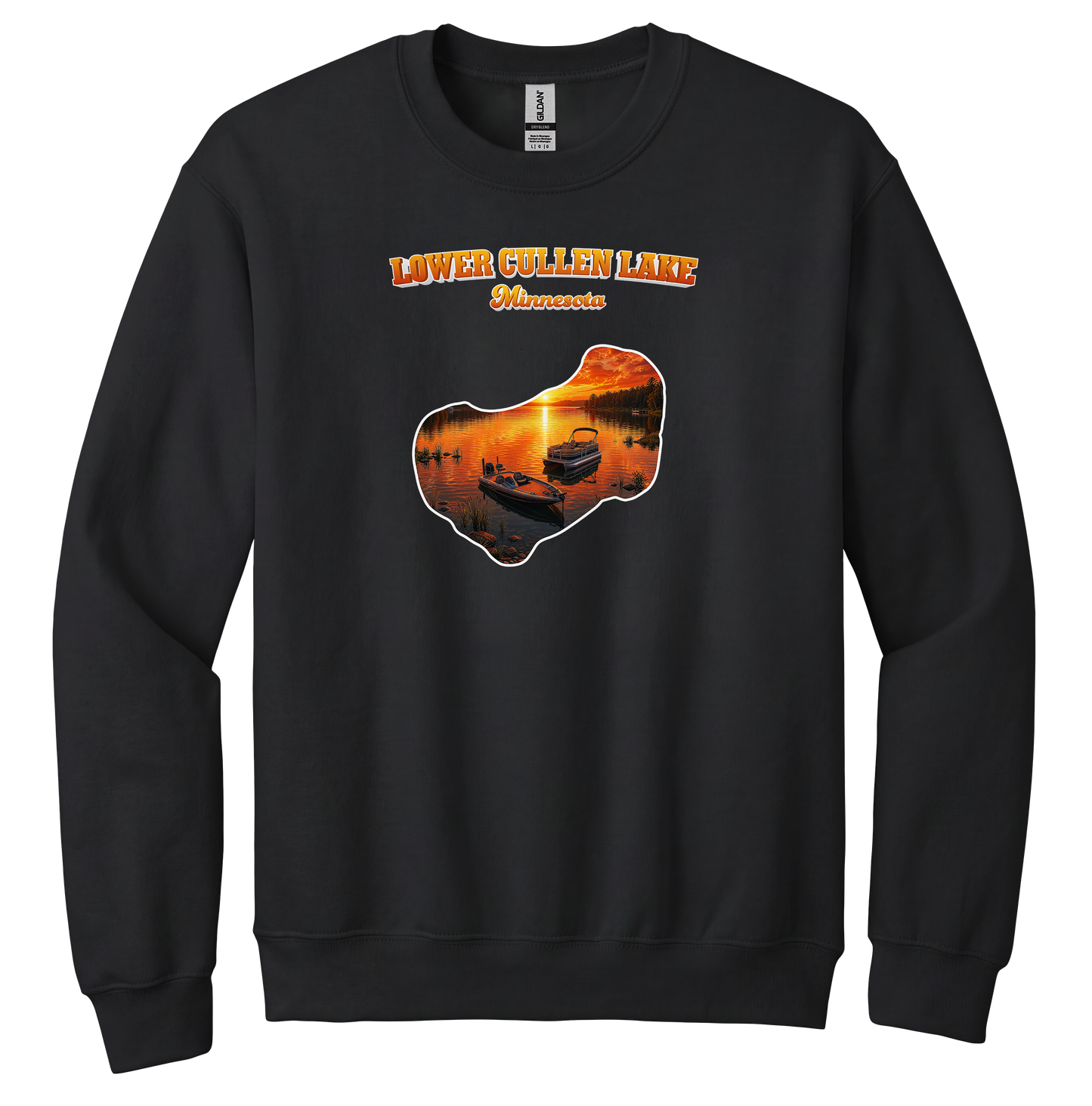 Lower Cullen Lake design on Black crewneck sweatshirt