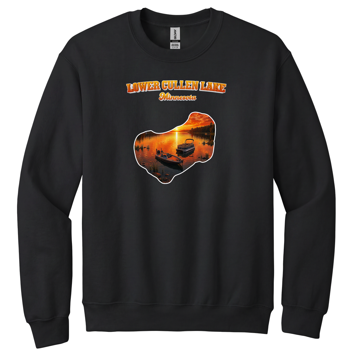 Lower Cullen Lake design on Black crewneck sweatshirt