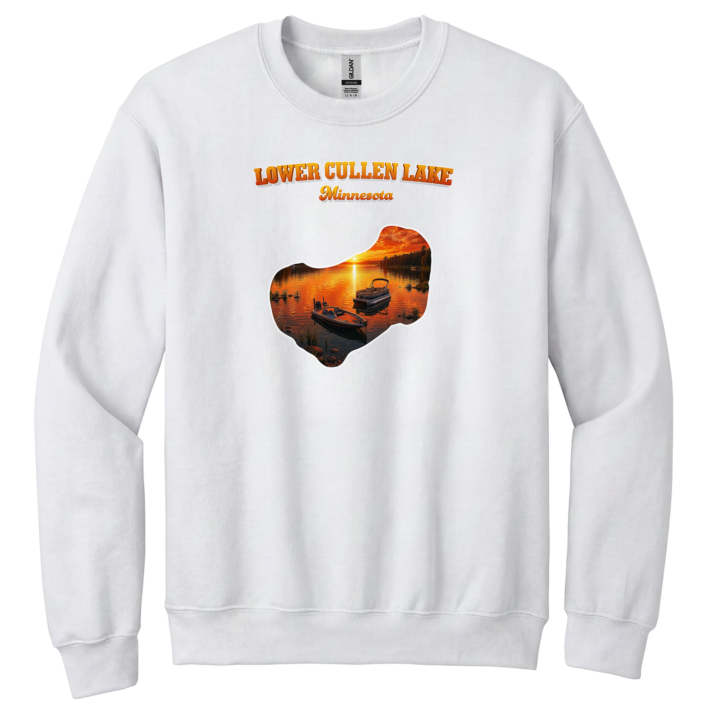 Lower Cullen Lake design on White crewneck sweatshirt