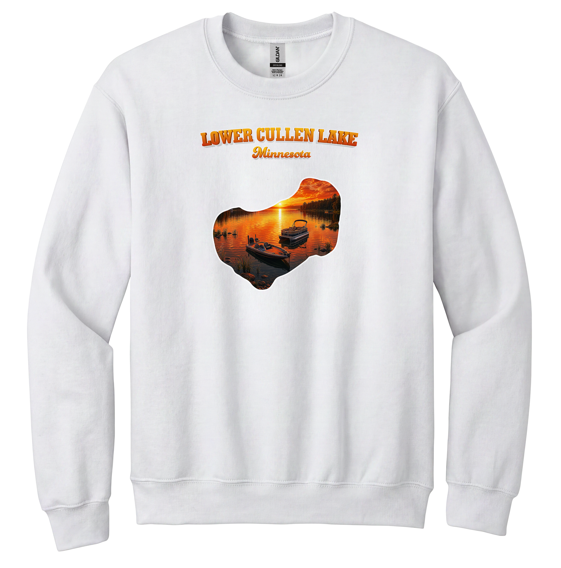 Lower Cullen Lake design on White crewneck sweatshirt