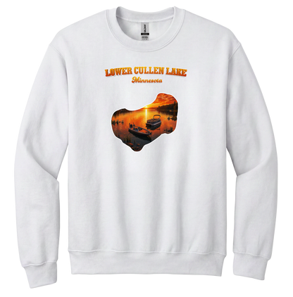 Lower Cullen Lake design on White crewneck sweatshirt