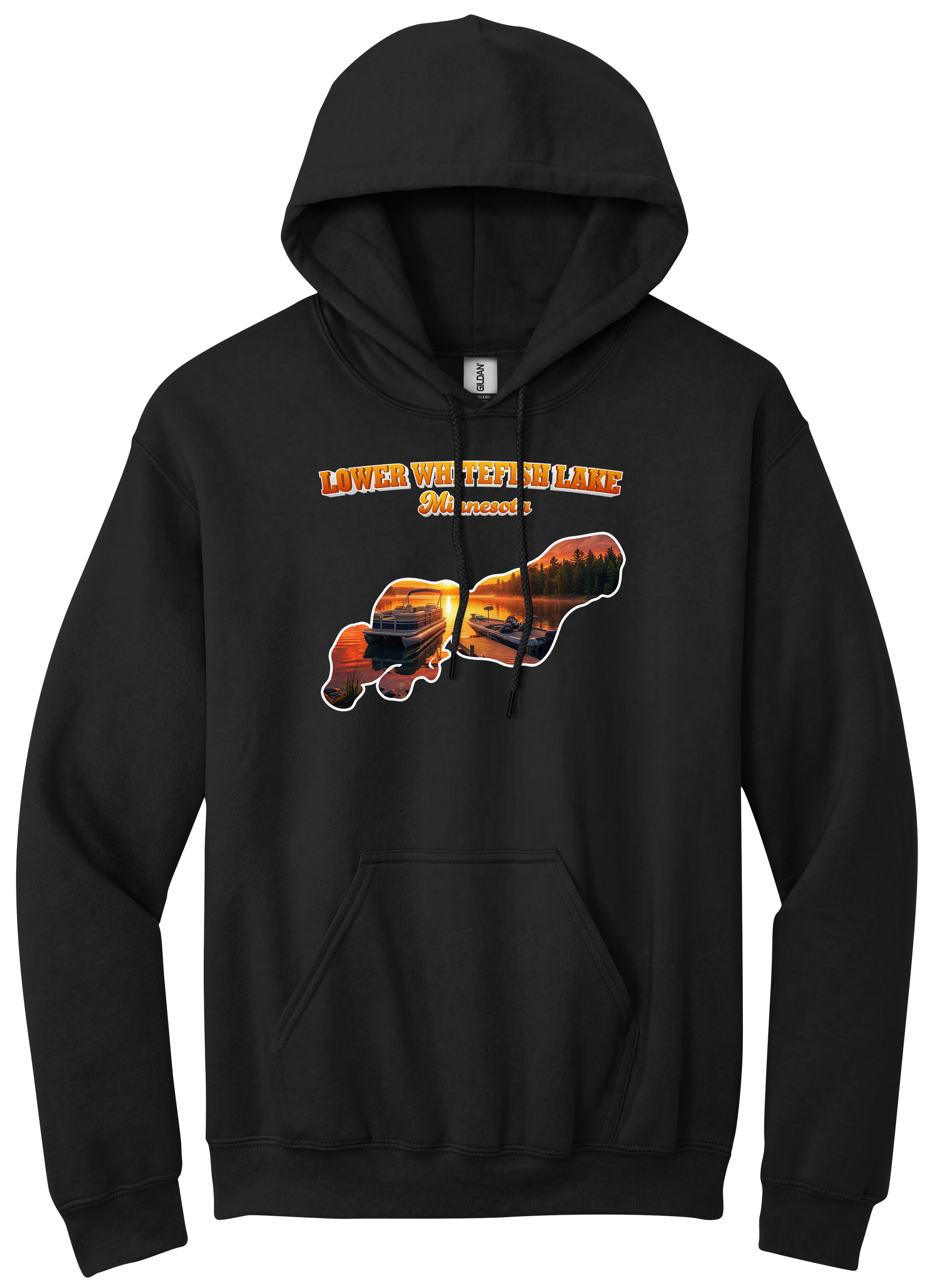 Lower White Fish Lake design on Black hoodie