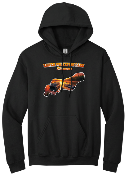 Lower White Fish Lake design on Black hoodie