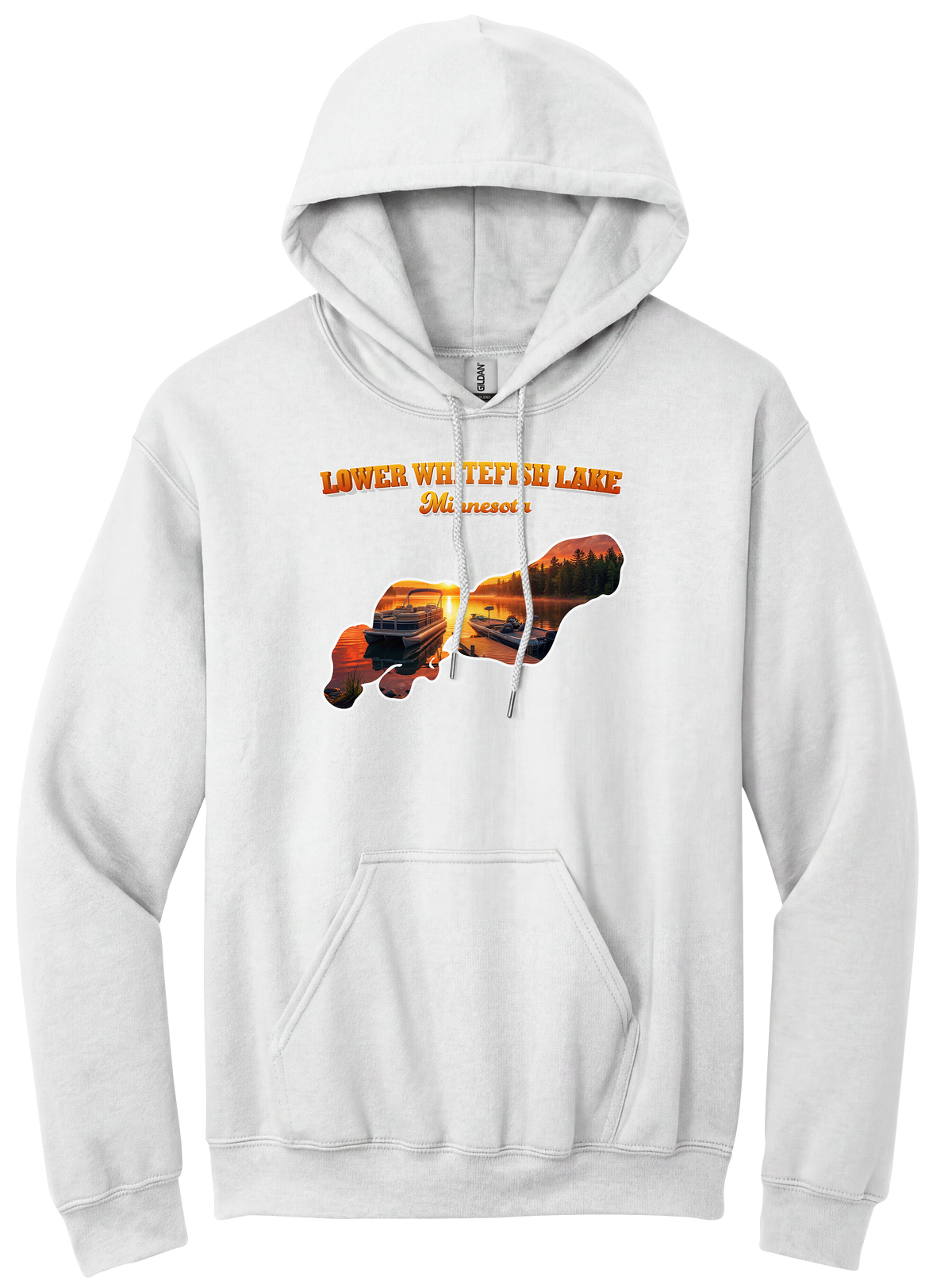 Lower White Fish Lake design on White hoodie