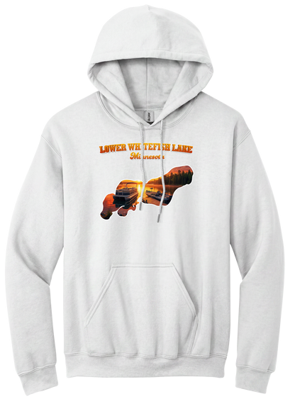 Lower White Fish Lake design on White hoodie
