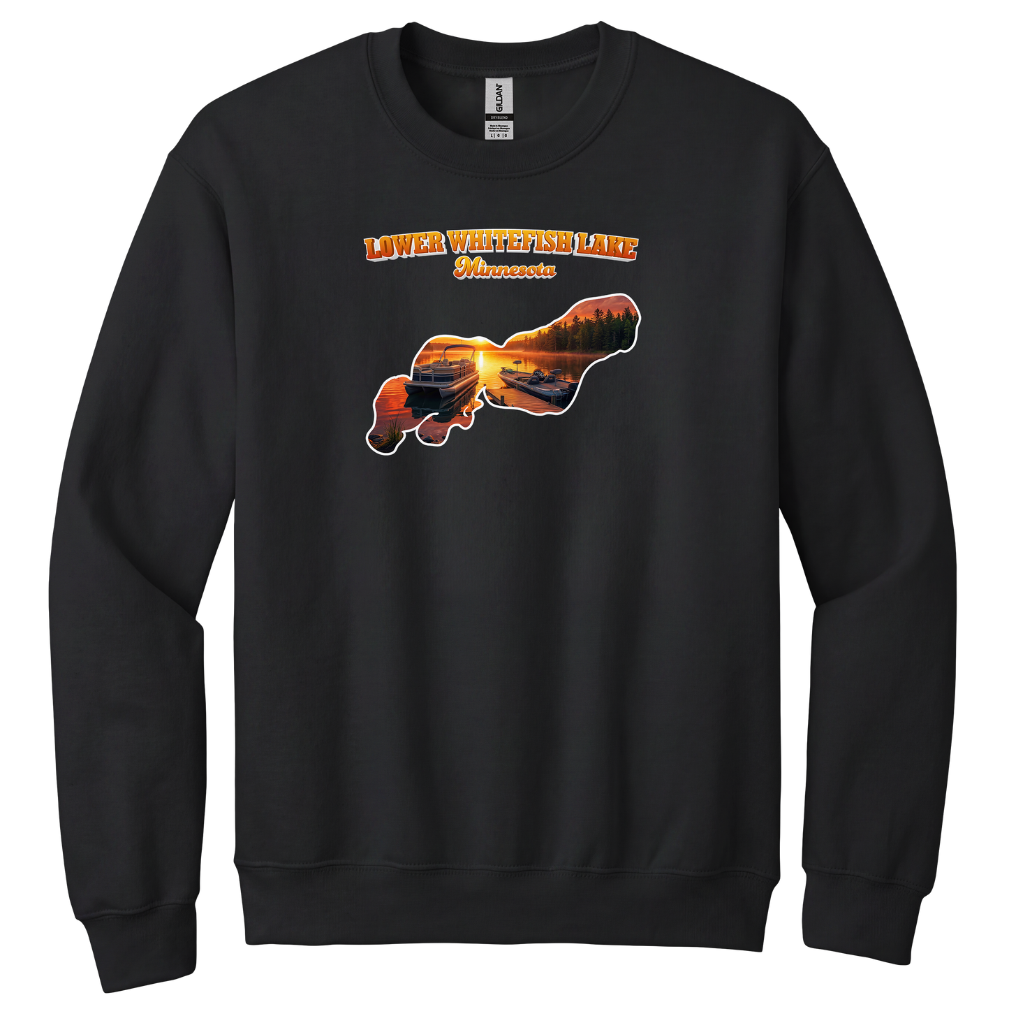 Lower White Fish Lake design on Black crewneck sweatshirt