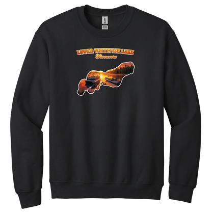 Lower White Fish Lake design on Black crewneck sweatshirt