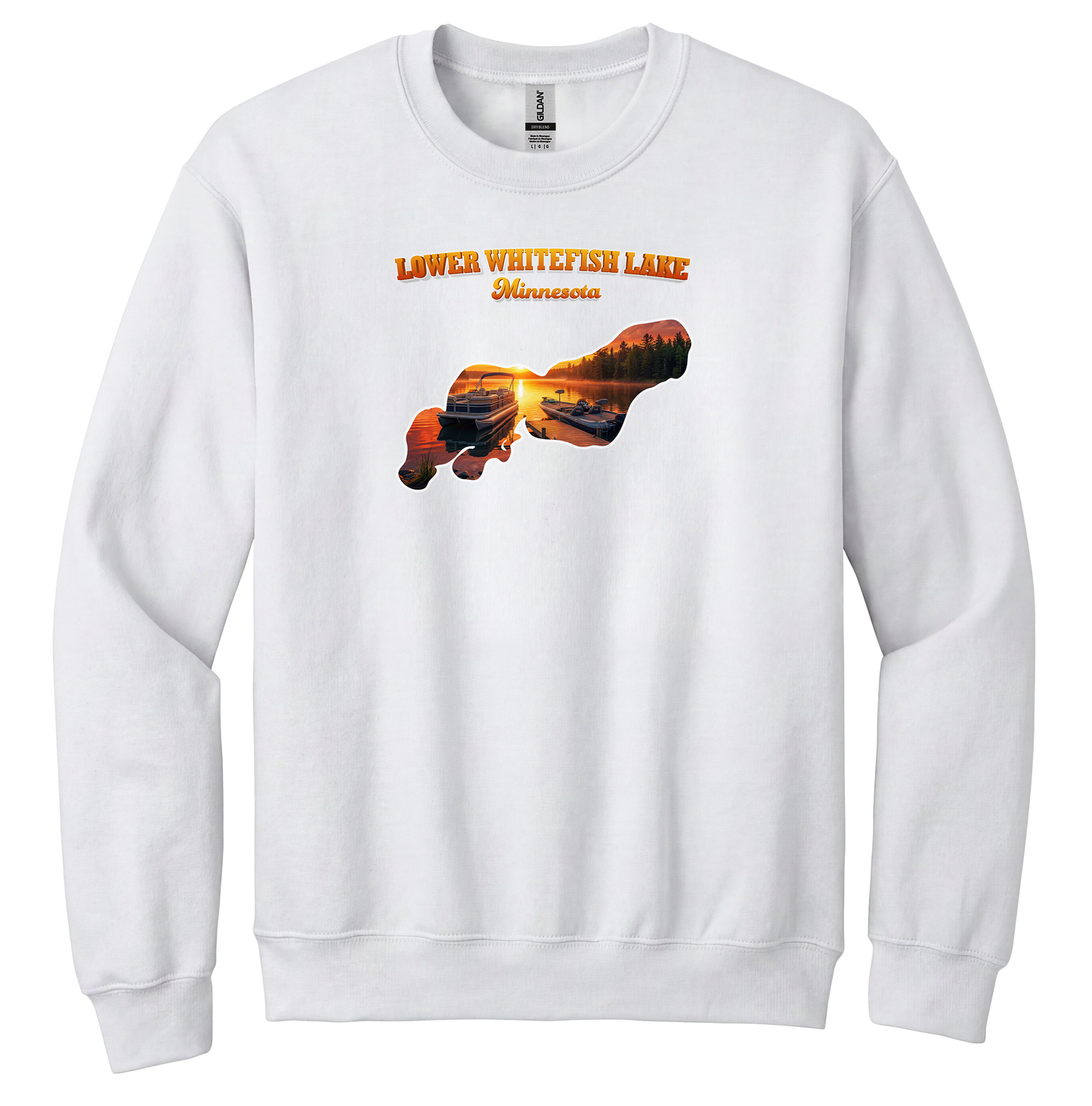 Lower White Fish Lake design on White crewneck sweatshirt