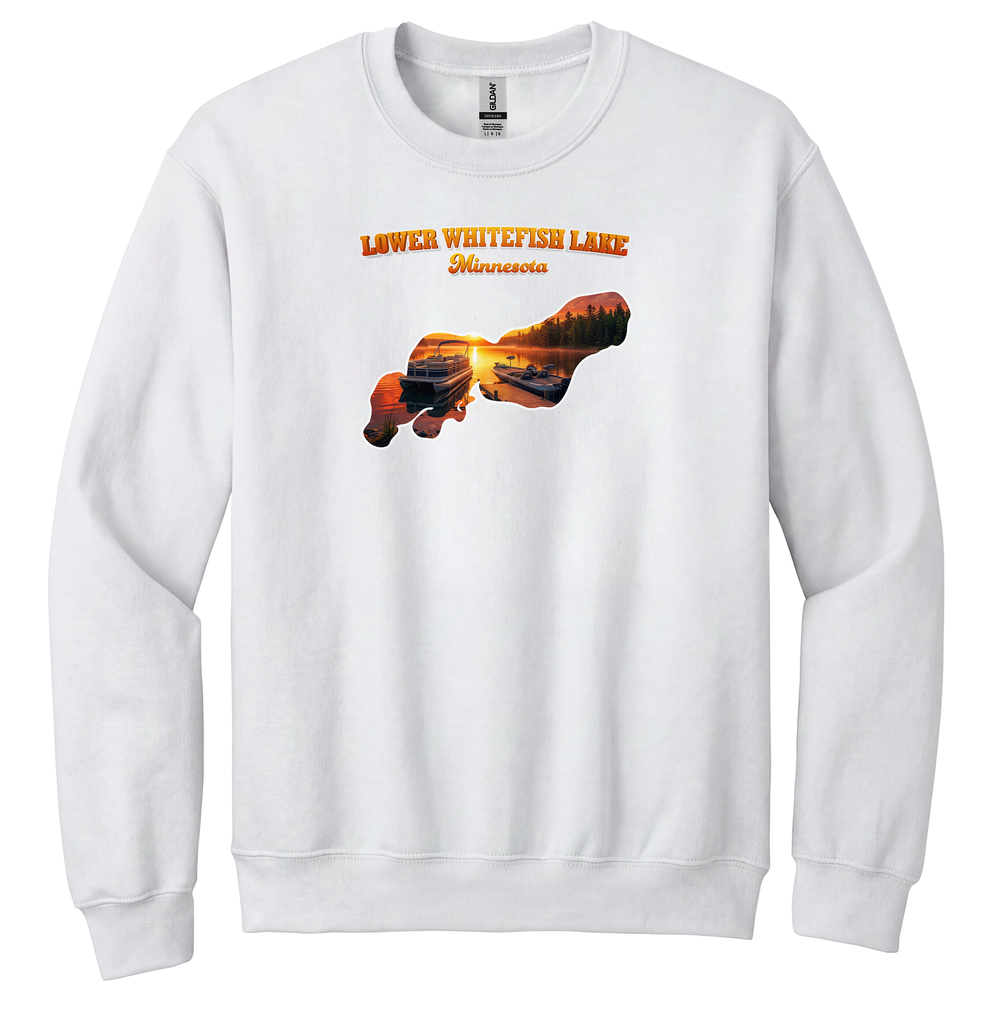 Lower White Fish Lake design on White crewneck sweatshirt