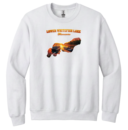 Lower White Fish Lake design on White crewneck sweatshirt