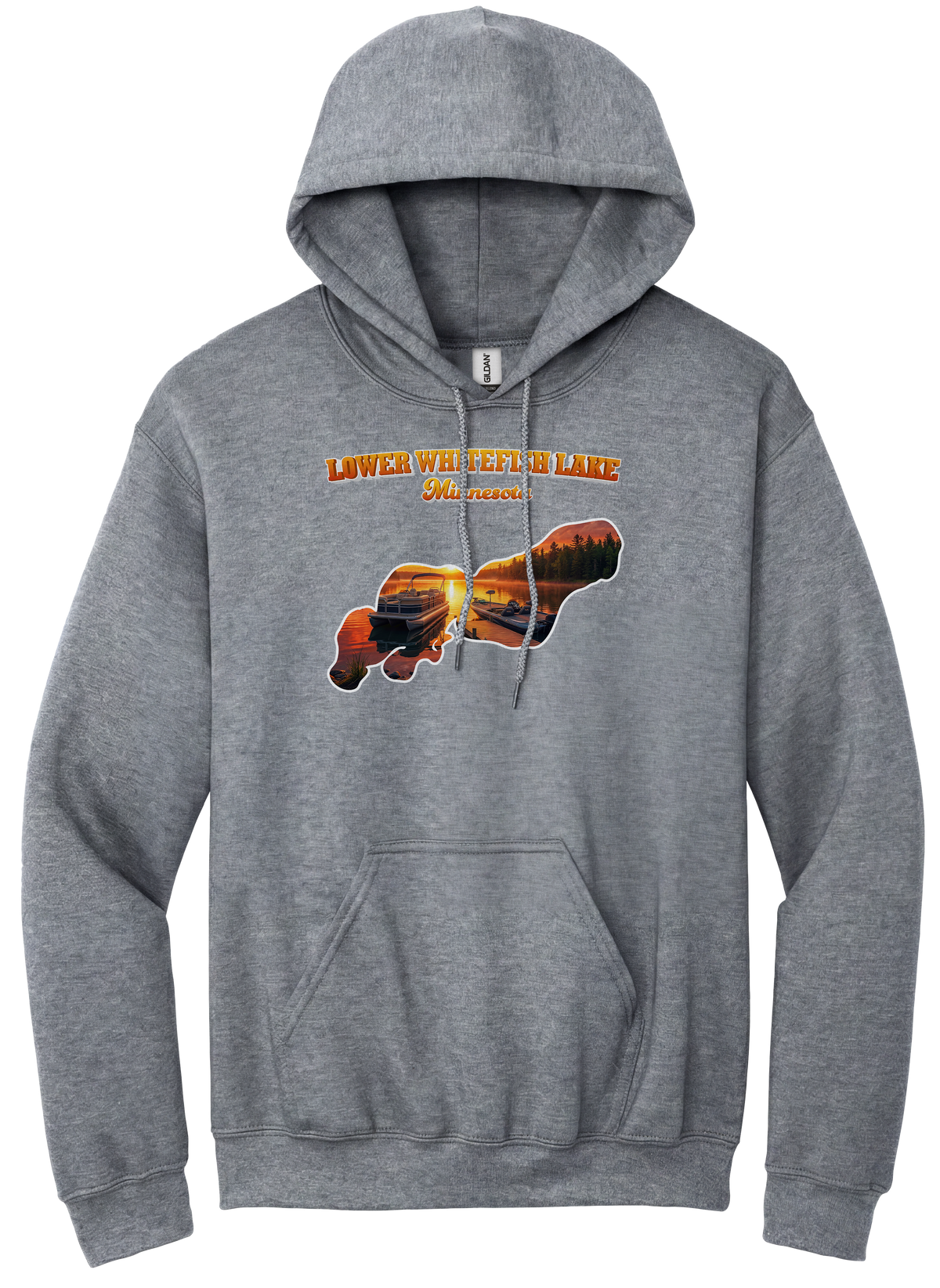 Lower White Fish Lake design on Heather Grey hoodie