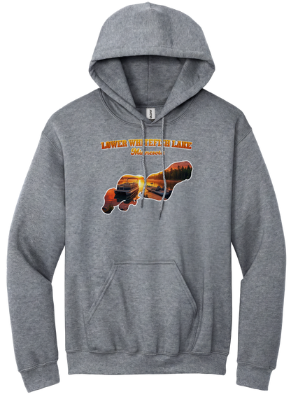 Lower White Fish Lake design on Heather Grey hoodie
