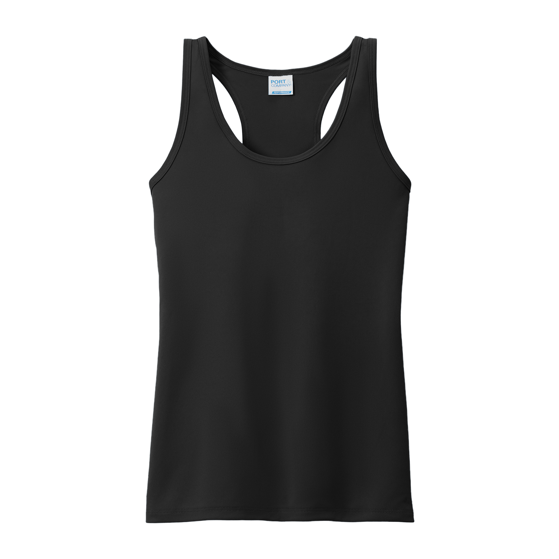 Custom women's Port & Company performance tank in Black, front view