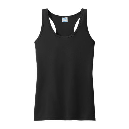 Custom women's Port & Company performance tank in Black, front view