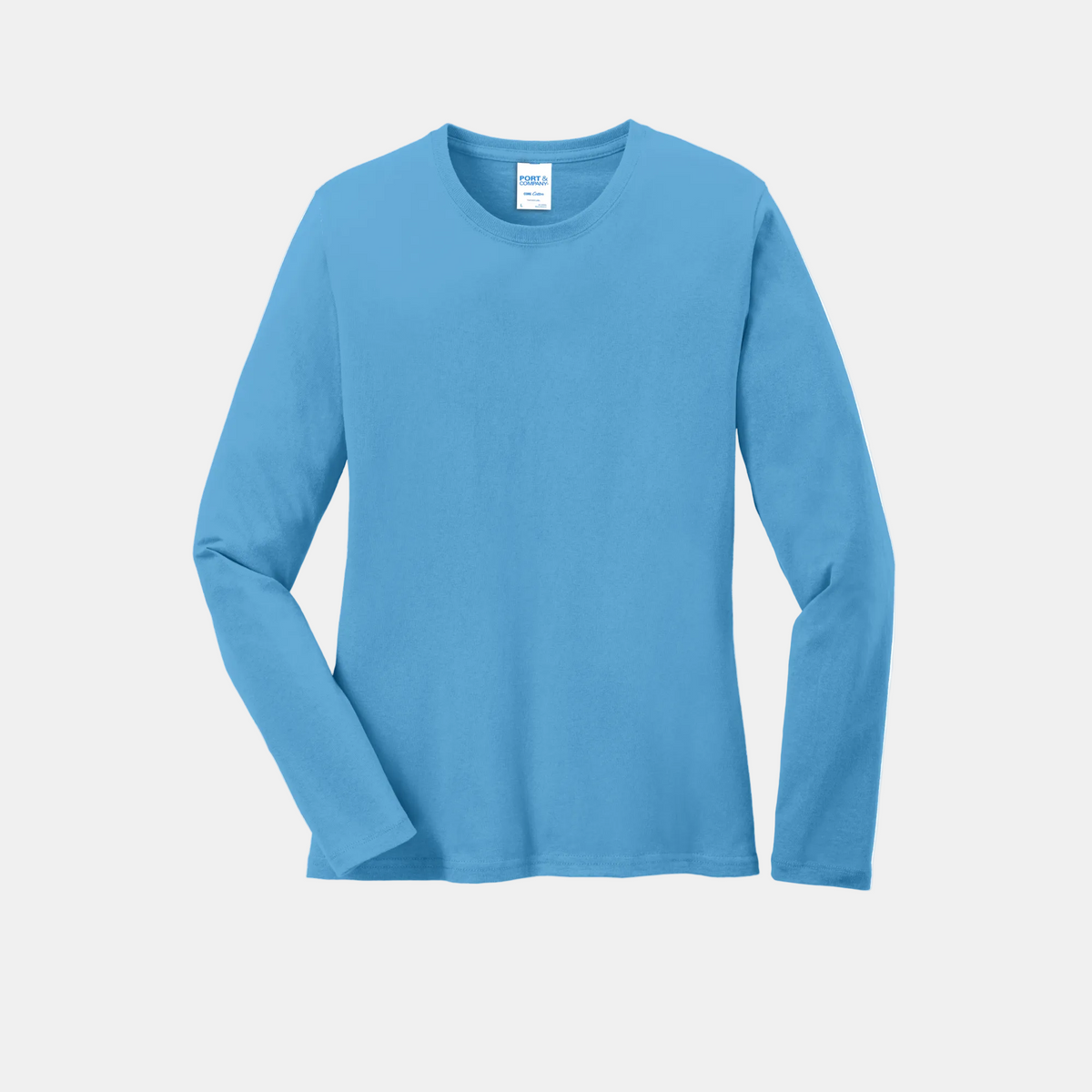 Custom women's Port & Company long-sleeve core tee in Aquatic Blue, front view
