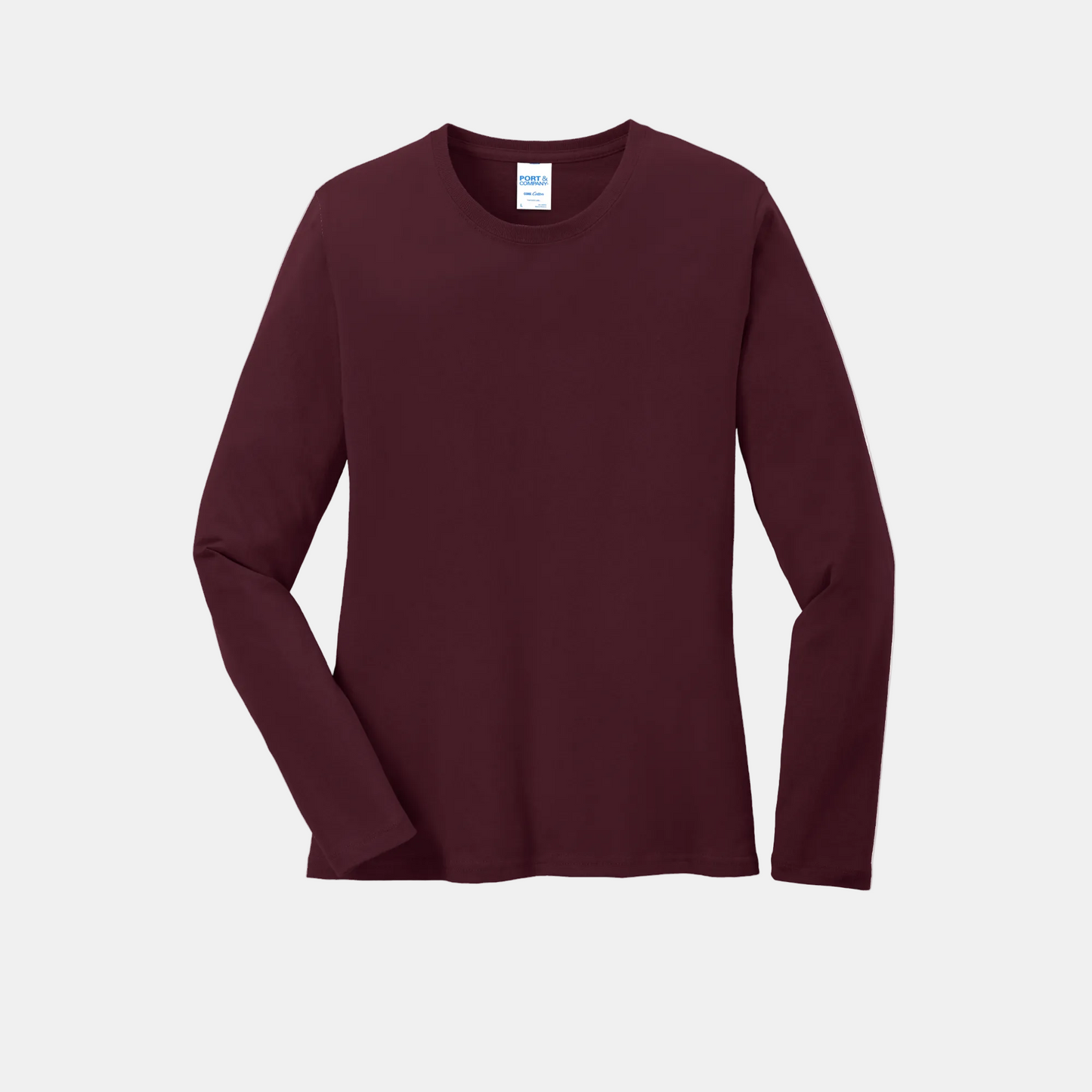 Custom women's Port & Company long-sleeve core tee in Athletic Maroon, front view