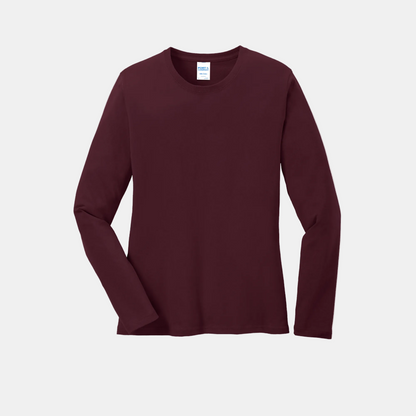 Custom women's Port & Company long-sleeve core tee in Athletic Maroon, front view