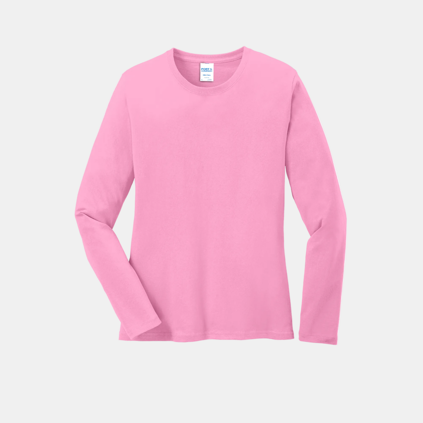 Custom women's Port & Company long-sleeve core tee in Candy Pink, front view