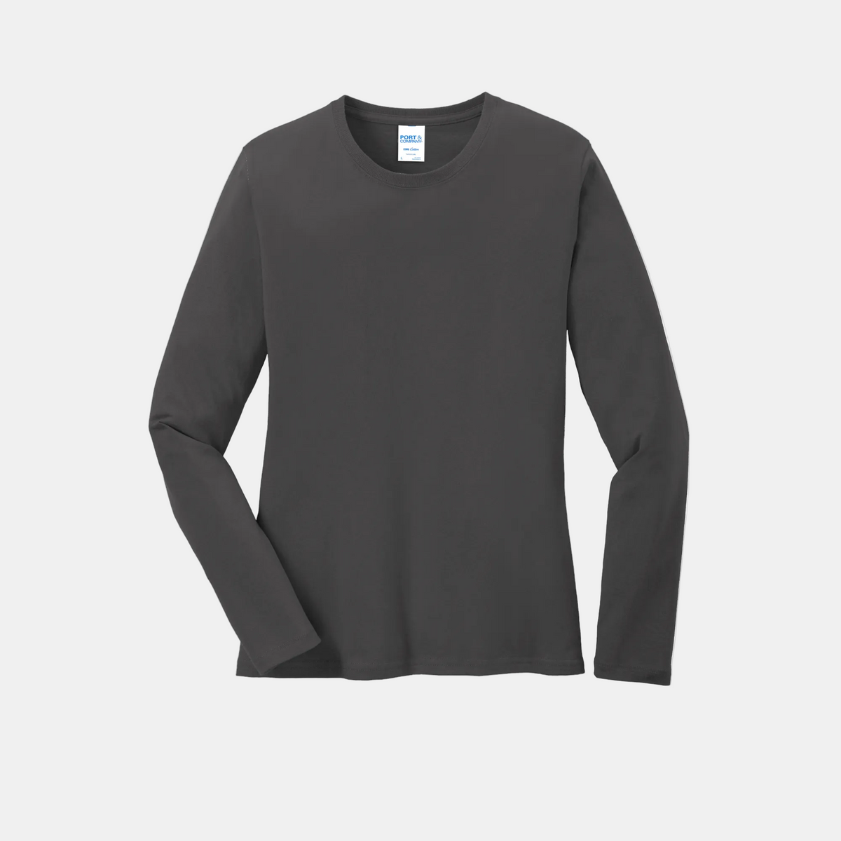 Custom women's Port & Company long-sleeve core tee in Charcoal, front view