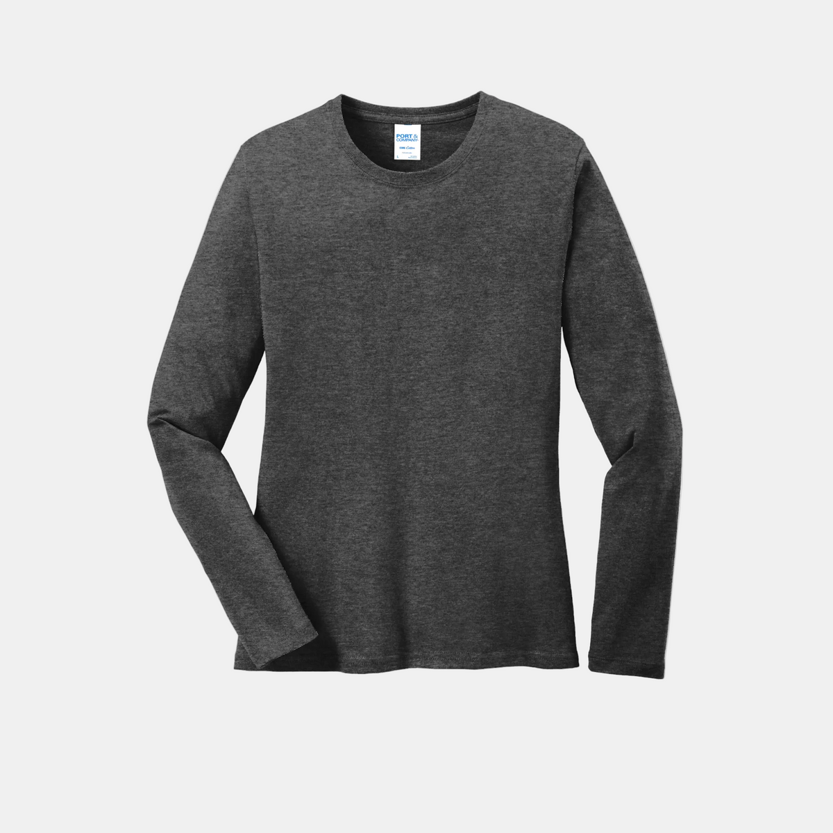 Custom women's Port & Company long-sleeve core tee in Heather Dark Grey, front view