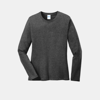 Custom women's Port & Company long-sleeve core tee in Heather Dark Grey, front view
