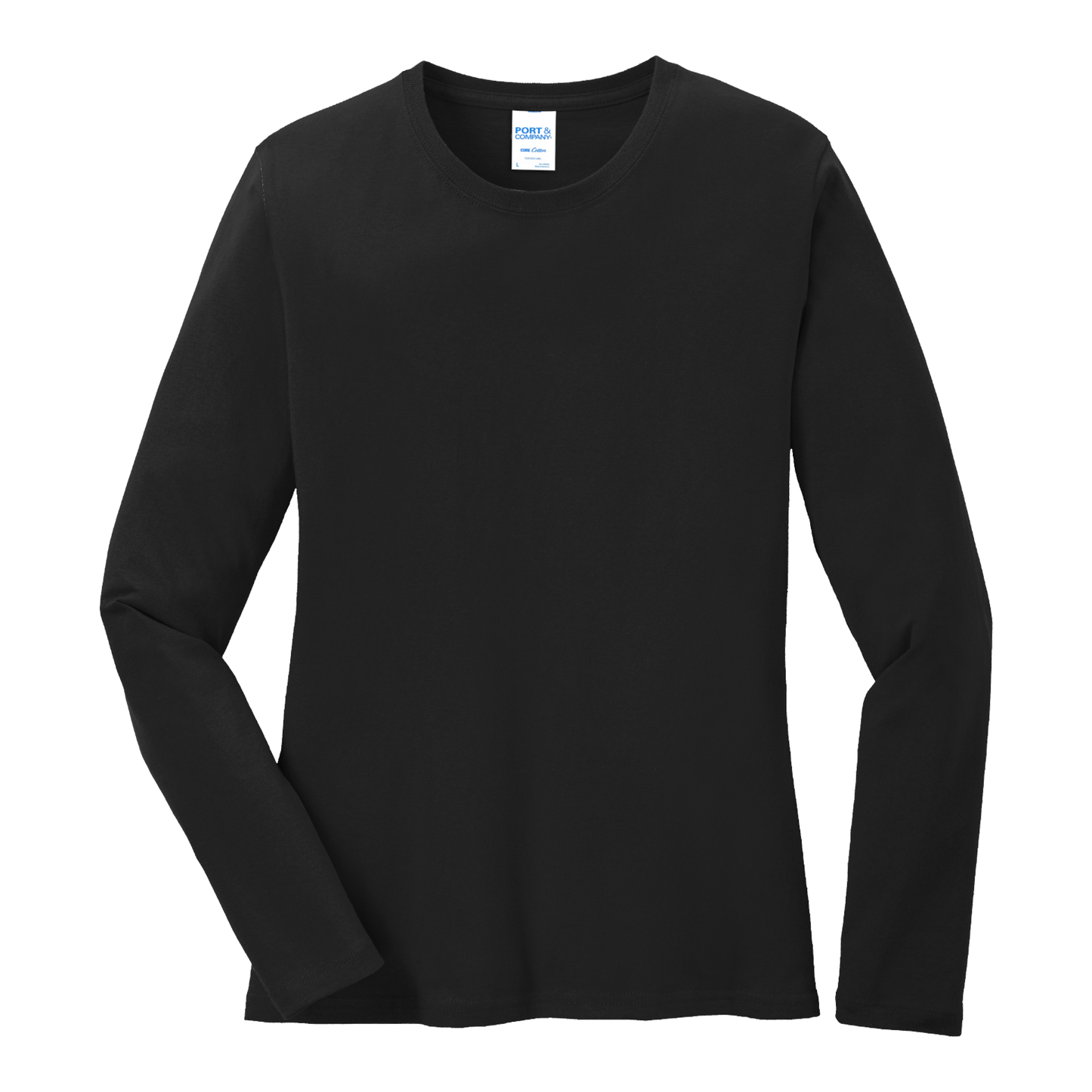 Custom women's Port & Company long-sleeve core tee in Black, front view
