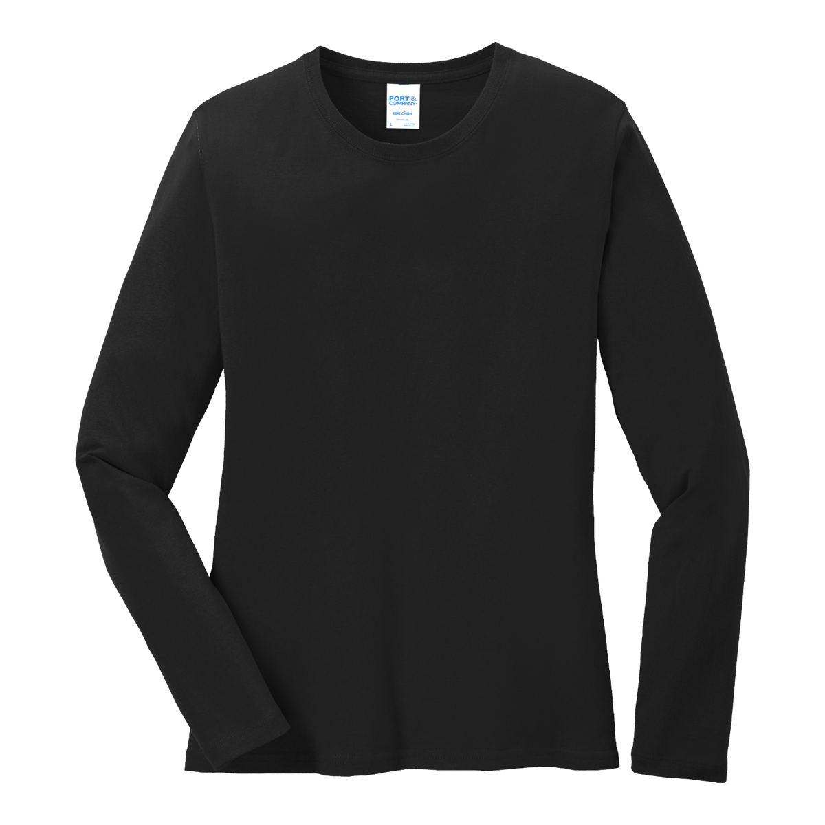 Custom women's Port & Company long-sleeve core tee in Black, front view