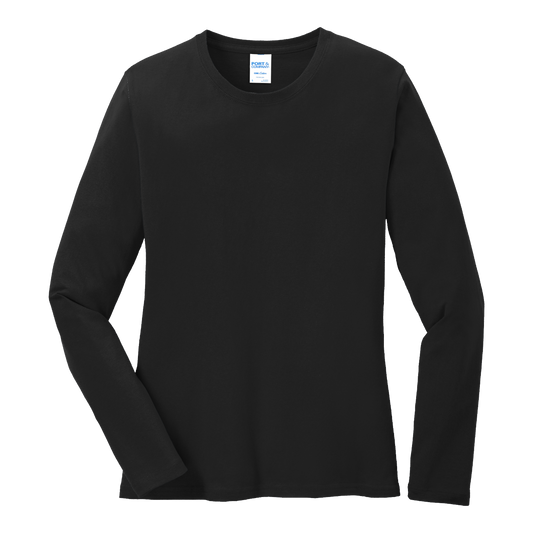 Custom women's Port & Company long-sleeve core tee in Black, front view