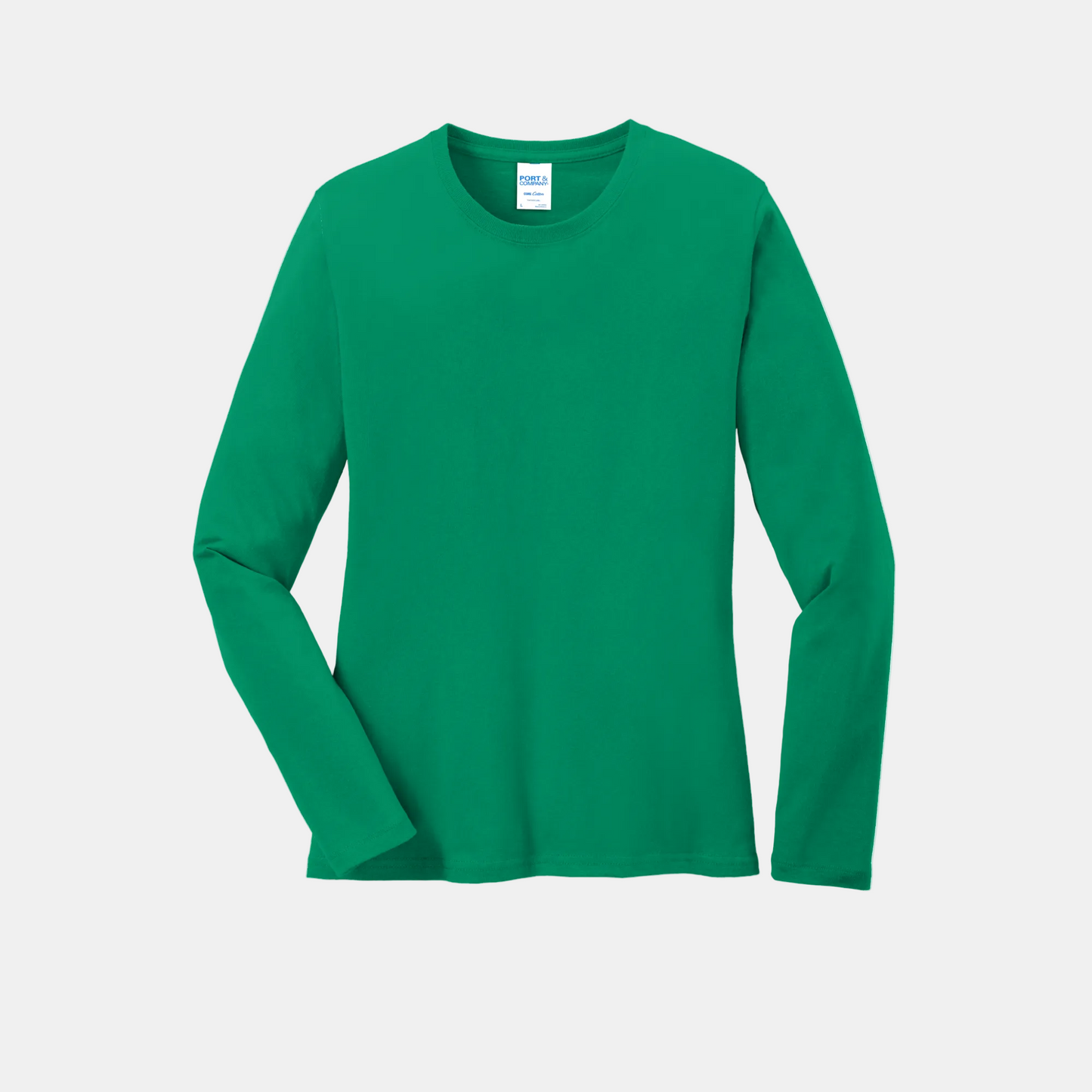Custom women's Port & Company long-sleeve core tee in Kelly Green, front view