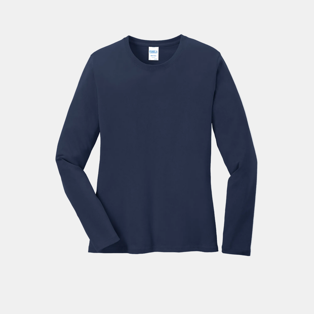 Custom women's Port & Company long-sleeve core tee in Navy, front view